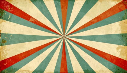 Retro sunburst background with radial stripes in a vintage style. Abstract graphic design with red and teal rays on a grunge textured paper.