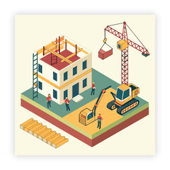Isolated construction site with workers cartoon drawing, building house, art, construction house, construction site,