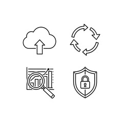 Set of four simple line icons depicting cloud upload, data refresh, data analysis, and security.
