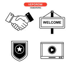 A collection of four line art icons: handshake, welcome sign, shield with star, and a screen with a play button.
