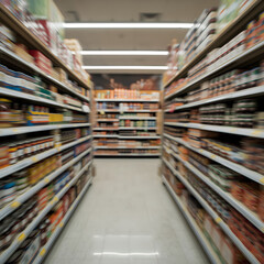 Obraz premium The blurred view depicts a grocery store aisle with shelves filled with various products.