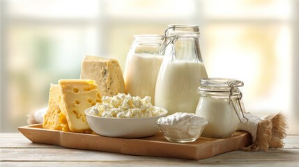 A wooden table displays a tray with assorted dairy products including various cheeses, milk containers,