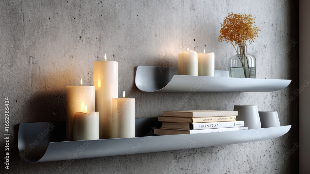 Poster shelf with candles and books on it. the candles are lit and the books are arranged neatly. the shelf