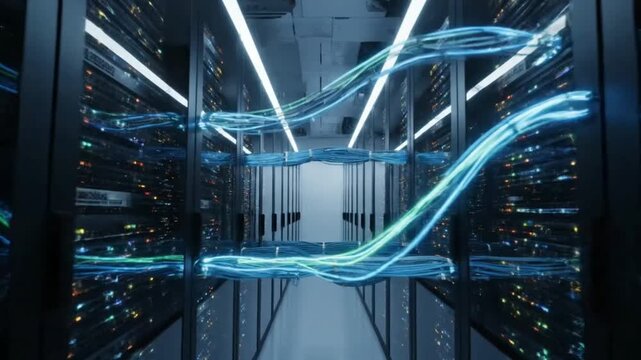 network cables connected to a server,Digital information flows through the network and data servers behind glass panels in the server room of a data center or Internet service provider - Powered by Adobe
