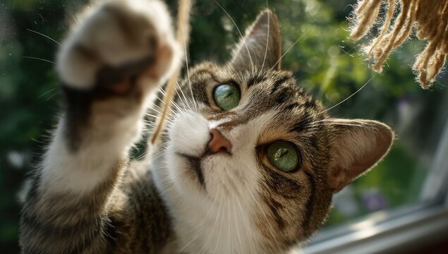 Close-up of tabby cat playing with string