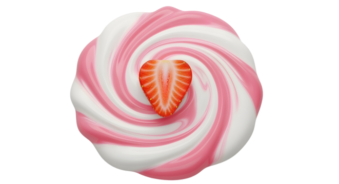 A swirl of pink strawberry yogurt, mixed with white plain yogurt, creating a beautiful marbled pattern. A slice of strawberry is in the center. Macro  on a transparent background.