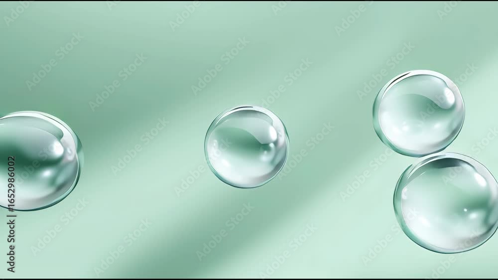 Poster bubbles floating gracefully in a serene mint green setting with reflective surfaces creating a tranq