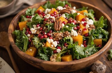 Vibrant salad with crisp lettuce, juicy carrots, crunchy nuts, and fresh herbs. Wooden bowl filled with seasonal ingredients. Winter salad with roasted squash and feta cheese.