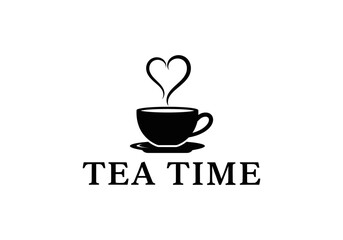Tea time logo with heart shaped steam isolated on white background