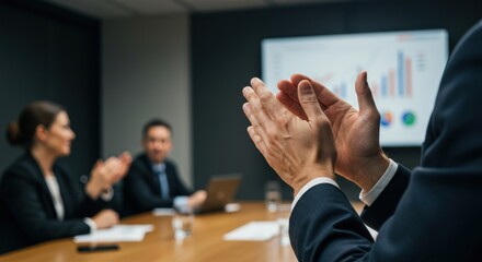 Business meeting with people applauding in a conference room with a screen.