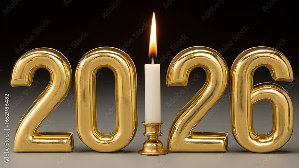 Poster golden numbers 2026 and candle flame create a warm ambiance, symbolizing transition and celebration,