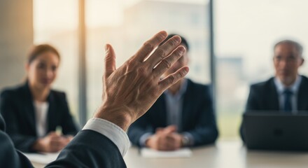 Business meeting with people in suits around a table with one hand raised.