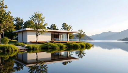 Obraz premium a modern minimalist house by the lake, mirrored in the smooth morning water.