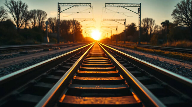 Railway Tracks at Sunset with Golden Light Perspective - Powered by Adobe