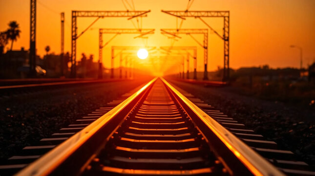 Railway Tracks at Sunset with Golden Light Perspective