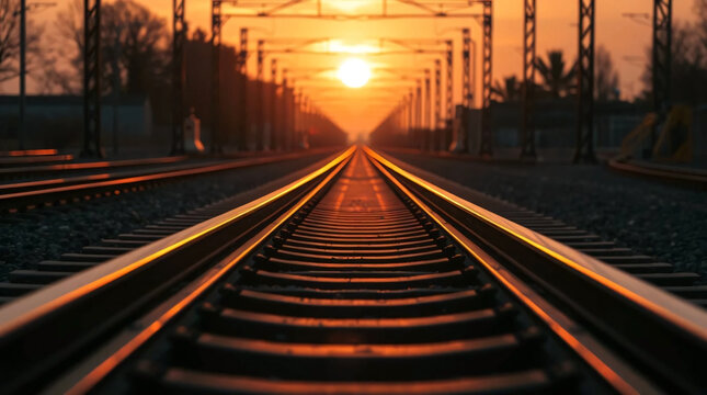 Railway Tracks at Sunset with Golden Light Perspective