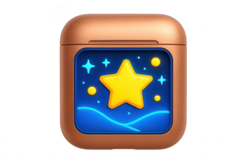 Wireless earbuds charging case displaying a night sky with a bright star on a transparent background