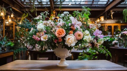 Fototapeta premium Lush Floral Arrangement in Ornate Vase on Wooden Table with Ambient Lighting
