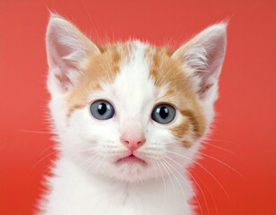 Adorable orange and white kitten with blue eyes on red background