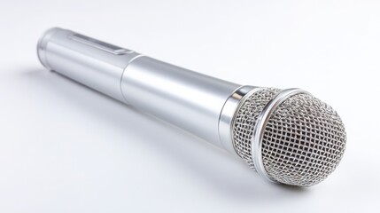 Professional microphone with XLR connection isolated on white, showcasing studio lighting details.