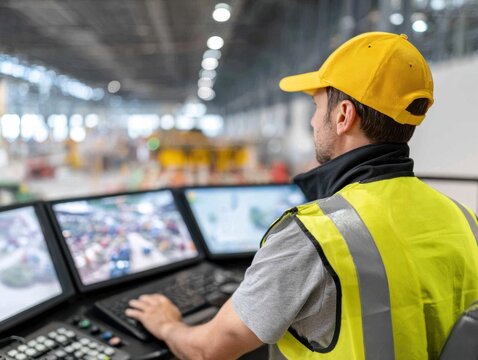 Man in safety vest and cap monitoring factory operations using computers, focusing on computer screens displaying factory activity.