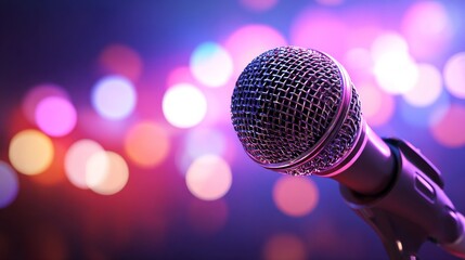 A detailed close-up of a microphone with a vibrant multicolored bokeh background,