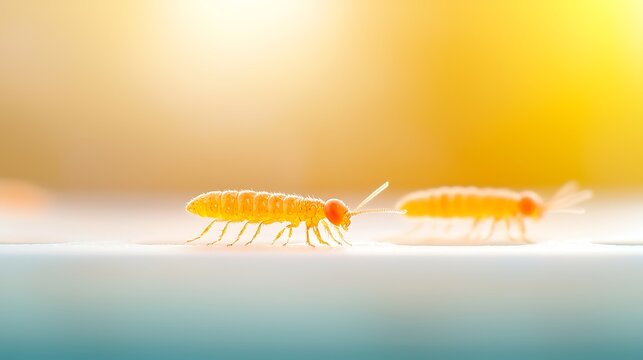 Two tiny yellow springtails crawling on a surface with soft yellow background