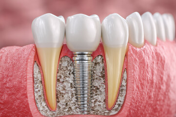Dental implant illustration: A surgical component connecting with the jawbone for functional tooth replacement.