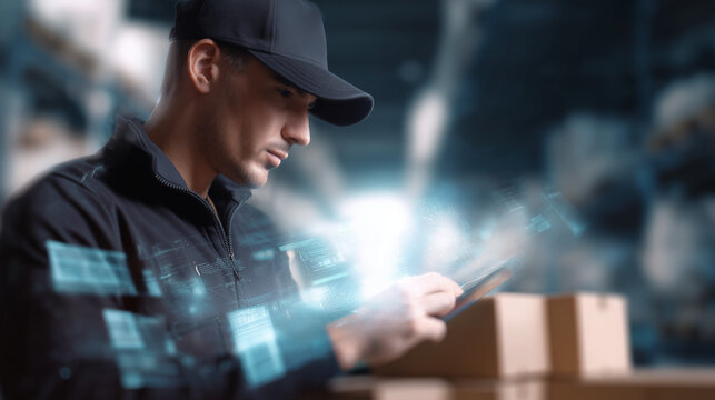 Delivery man checking packages with smartphone in warehouse environment  
