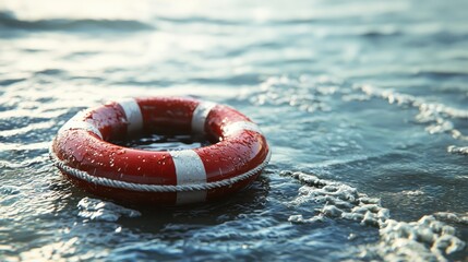 A red and white life buoy floating in the ocean with waves crashing around it.