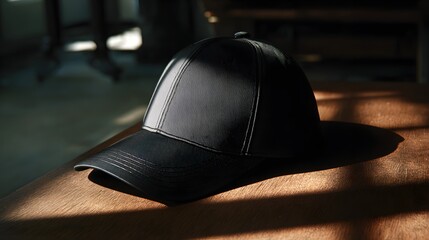 A stylish black baseball cap rests on a wooden surface, bathed in warm sunlight.