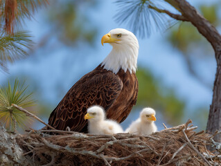 Bald eagle perched protectively over two fluffy chicks in a nest, surrounded by pine branches, showcasing the beauty of wildlife and maternal care in nature