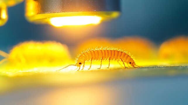 Tiny isopod under bright yellow light in close up