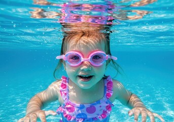 Naklejka premium Underwater shot of a smiling young girl wearing pink goggles and a swimsuit