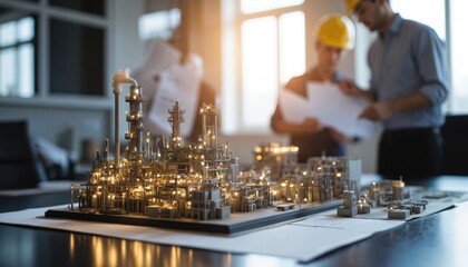 Detailed miniature model of chemical factory with illuminated pipes, structures. Engineers in hard hats discuss plans in blurred office background. Represents industrial design, manufacturing