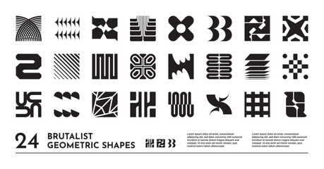 Abstract shapes. Logo graphic elements, brutal icon form or minimal y2k ornament set. Brutalist modern figures. Primitive style decorative geometric silhouettes. Vector simple contemporary design