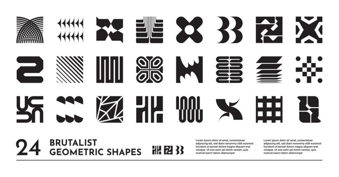 Abstract shapes. Logo graphic elements, brutal icon form or minimal y2k ornament set. Brutalist modern figures. Primitive style decorative geometric silhouettes. Vector simple contemporary design