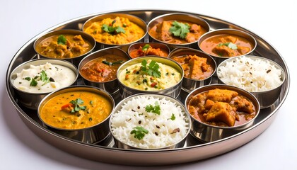 Colorful Indian Thali Platter with Rice, Curries, and Sides