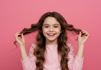 Fototapeta premium A happy young girl with long, wavy brown hair smiles and plays with her hair