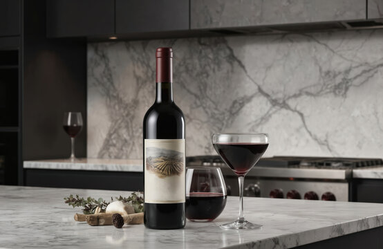 Elegant red wine bottle, glasses arrangement on marble counter. Modern kitchen background. Wine tasting, relaxation concept. Luxury drink still life composition. Alcohol beverage serving. Gourmet