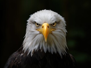 Obraz premium Majestic bald eagle with piercing eyes and striking yellow beak, showcasing detailed feathers and fierce expression against a dark background, symbolizing strength and freedom