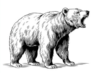 Detailed black and white illustration of a roaring bear, showcasing its powerful stance and intricate fur texture, emphasizing the wild nature of this majestic animal