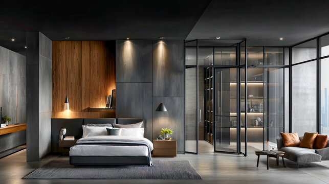 Modernes Loft-Interior mit Beton, Holz und Glas. Offene Grundrisse: Wohnk&uuml;che mit Insel, Lounge und Schlafzimmer. Gro&szlig;e Fenster, warmes Licht und elegante, minimalistische Innenarchitektur &ndash; ideal f&uuml;r