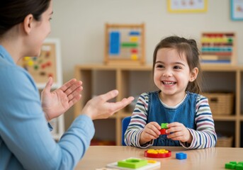 A teacher interacting with a young girl playing with colorful blocks in a classroom setting