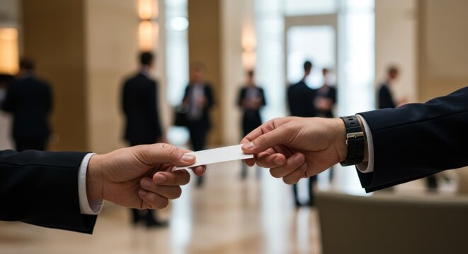Two hands exchanging a business card in a formal indoor setting.