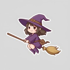 Cute Anime Witch Flying on a Broom - Halloween Illustration