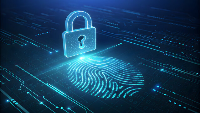 Cybersecurity digital fingerprint with glowing padlock for data protection online