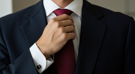 Man adjusts his tie wearing a dark suit and white shirt.