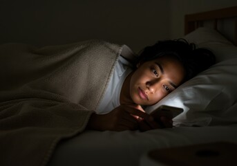 Woman in bed at night using her phone, illuminated by the screens glow