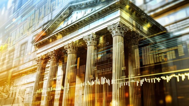 A grand, classical building with columns and a pediment, set against a blurred background with financial data and charts.